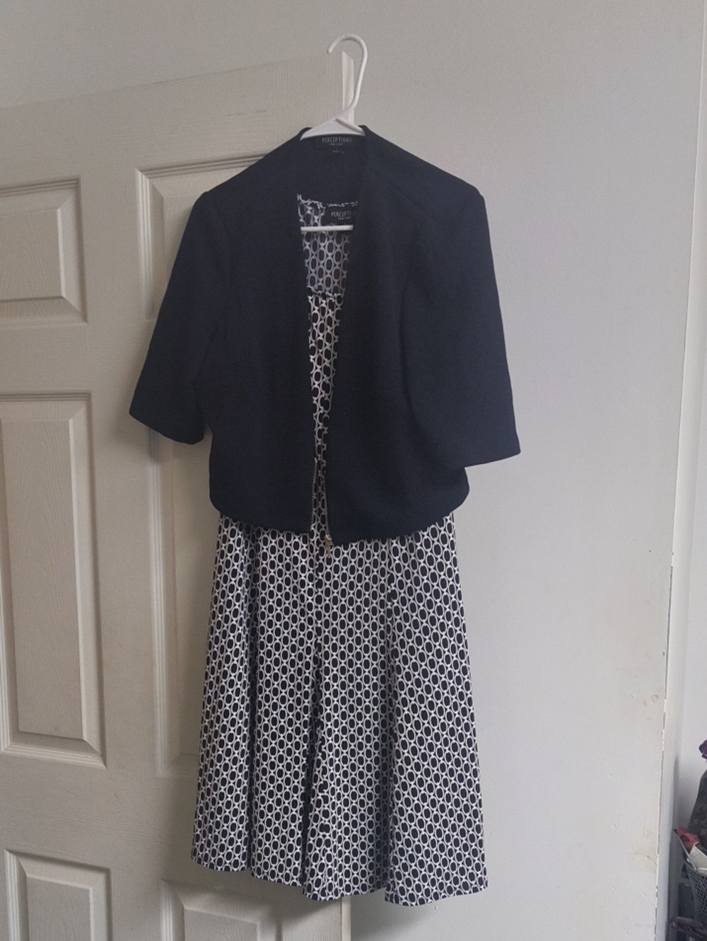 Perceptions Navy Jacket with Navy and White Geometric Midi Dress